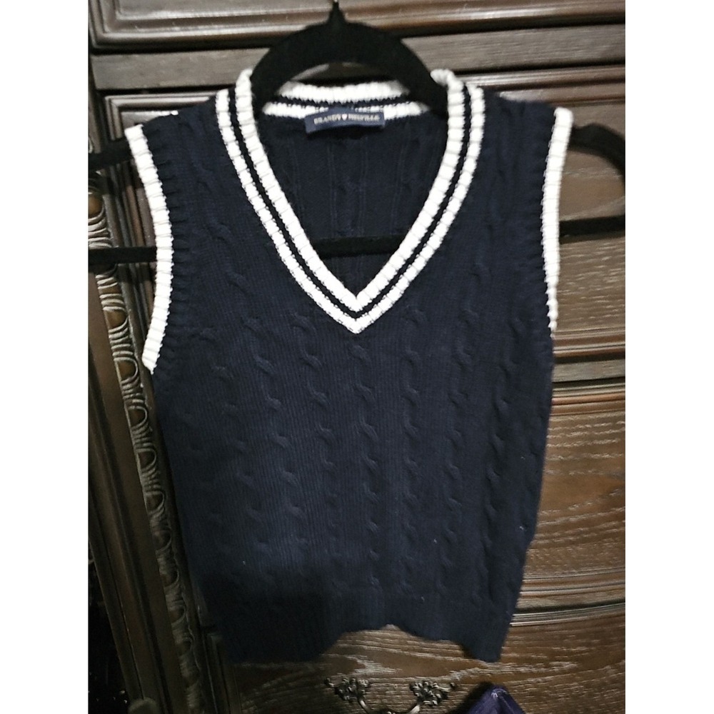 Brandy Melville Navy Cable Knit V-Neck Sweater Vest White Trim Made in Italy
